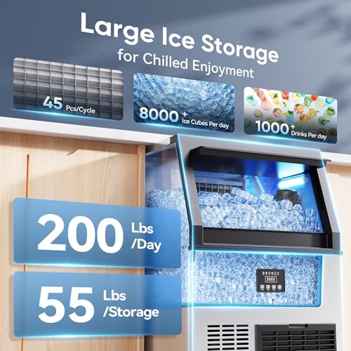 Image of Coolake Commercial Ice Maker Machine, 200Lbs /Day Under Counter Ice Maker with 55 Lbs Storage, Stainless Steel Freestanding Built-in Outdoor Ice Machine with Water Filter for Home Bar Cafe Garage