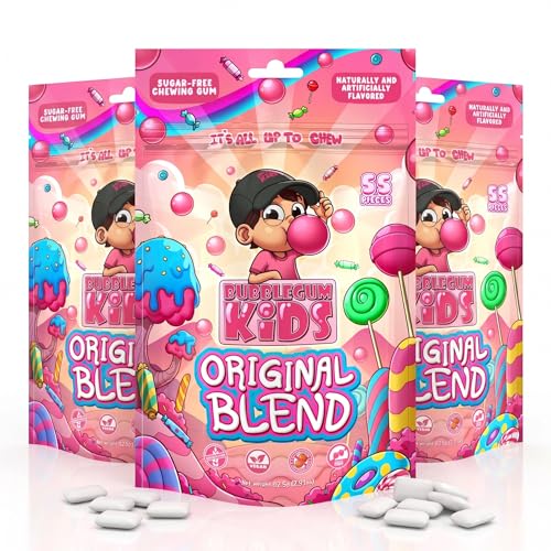 Image of Bubblegum Kids Original Blend Sugar Free Gum | Classic Bubblegum Flavor, Sugarless Gum with Xylitol | Vegan, Low Calorie Candy for Kids & Adults | Resealable Bag, 55 Pieces Per Pack, 3 Pack