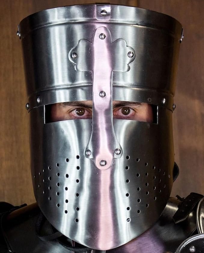 Reynald Crusader Great Helmet Handmade 18 Gauge Steel Authentic Medieval Armor Helmet for Home Table Decor/Roleplay & Cosplay