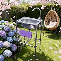 Edelstahlspüle mit Einzelnen Kaltwasserhahn, Freistehende Küchenspüle mit Ablaufgarnitur und Handtuchhalter, Geeignet für Restaurant, Garage, Camping, Garten, Balkon