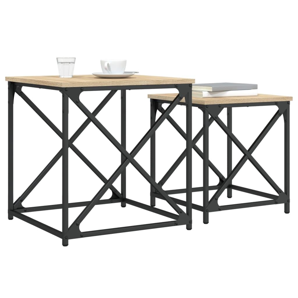 Juego de 2 mesas de café de roble Sonoma, 50 x 50 x 52,5 y 40 x 40 x 44,5 cm, estructura de metal, ahorro de espacio