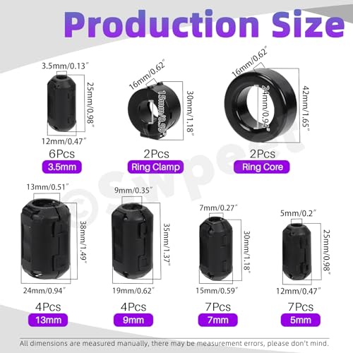 Swpeet 32Pcs 7 Größen Clip-on Ferrit Ring Kern mit Toroid Kern Assortiment Kit, RFI EMI Geräuschunterdrücker Kabel Clip für 3.5/5/7/9/13/15/42 * 24 * 16mm Durchmesser HDMI USB Kabel