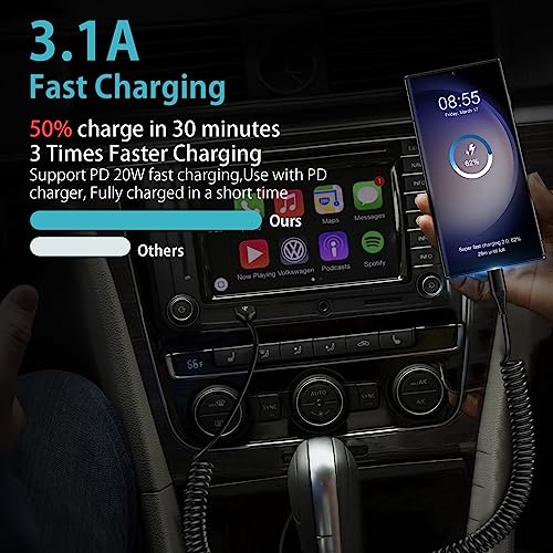 USB C to USB Cable,Android Auto 3ft+5ft Coiled Cable for Car Retractable Fast Charging Cord Type C for iPhone 15 Pro Max/15 Pro/15 Plus/15,Samsung Galaxy A15 A54 5G A14 5G S23 Ultra,Pixel 8 Pro 7a