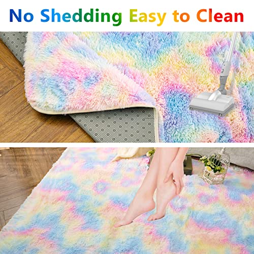 Choshome Rainbow Fluffy Rugs For Girls Bedroom, Aesthetic Unicorn Room Decor, Colorful Pastel Area Rug For Kids, Soft Play Mat For Baby, Fur Shag Plush Rug For Nursery Living Room Playroom, 4X6 #TOP6