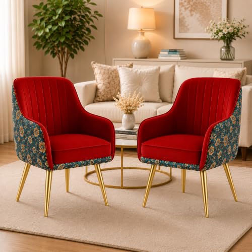 Image of Set of 2 Accent Chair for Living Room | Modern Armchair in Soft Velvet Fabric with Sturdy Legs | Premium Chair for Home Living Room Bedroom Restaurent | (Gold Legs, Red Floral)