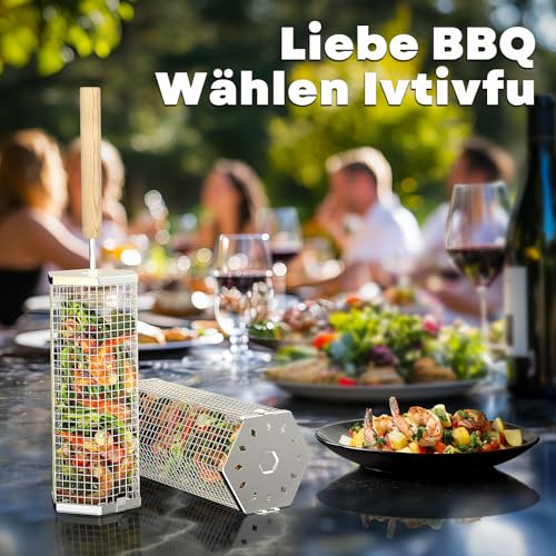 ivtivfu Nestbar Rollender Grillkorb, Abnehmbarer Holzgriff, Edelstahl 304, Outdoor Küche Grill Zubehör für Gemüse, Garten Camping Gadgets für Gasgrill, Geschenke Geburtstagsgeschenk für Männer Papa