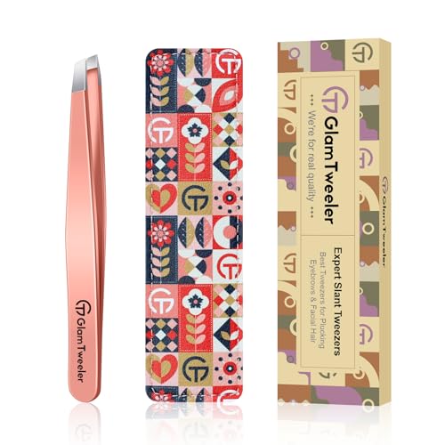 Expert Slant Tip Tweezers with Leather Case, GlamTweeler Sharp & Precision Stainless Steel Tweezer for Eyebrows, Facial Hair and Fine Hairs Removal (Rose Gold)