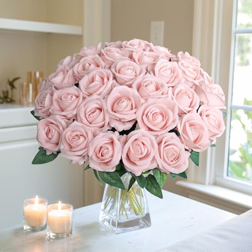 Image of 50 PCS Roses Artificial Flowers, Fake Roses with Stem Realistic Blush Silk Rose for DIY Wedding Bouquets Table Centerpieces Arrangements Baby Shower Birthday Home Decor Valentines Day Gift for Her