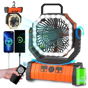 ADUST Camping Battery Operated Powered Fan with LED Lantern Light 20000mAh Rechargeable Portable Oscillating Fan with 360° Rotation Hanging Hook for Tents, Cordless USB Desk Fan(Orange)