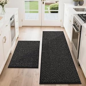 COSY HOMEER Kitchen Rugs Set of 2 Non-Slip Washable Kitchen Floor Mat Black
