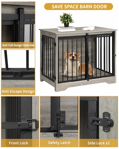31.9" Dog Crate Furniture with Barn Door, Heavy Duty Dog Kennel Indoor with 2 Doors, Wooden Pet Cage End Table for Small Medium Dogs up to 44 lb, Anti-Chew Anti-Escape, Greige DFC83605B - Image 6