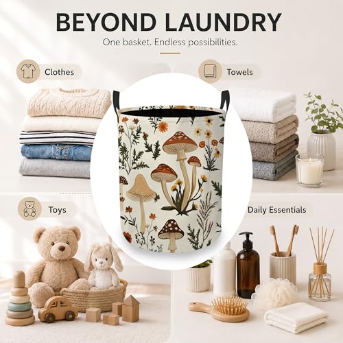 Image of Mushroom Flower Laundry Basket, Foldable Oxford Cloth Botanical Garden Laundry Hamper with Handles, Tote Bag Clothes Storage Bucket for Laundry Room /Bathroom /Bedroom /Dormitories 20.8 inchx16 inch