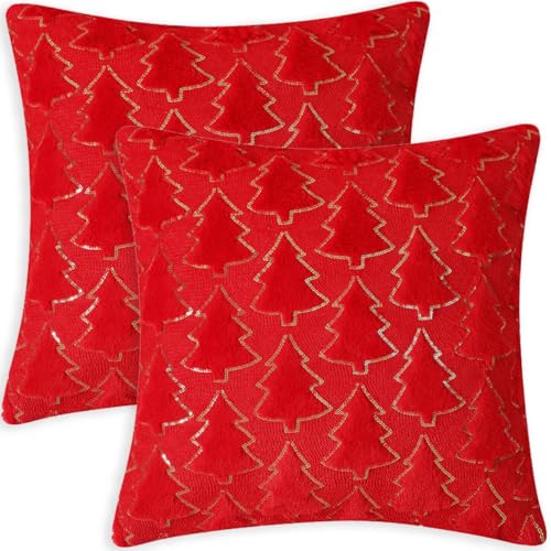 Tennove Christmas Cushion Covers with Sequin Christmas Tree 40x40cm Soft Fluffy Decorative Throw Pillow Covers Set of 2 Boho Pillowcases for Home Couch Bed Home Decor Red
