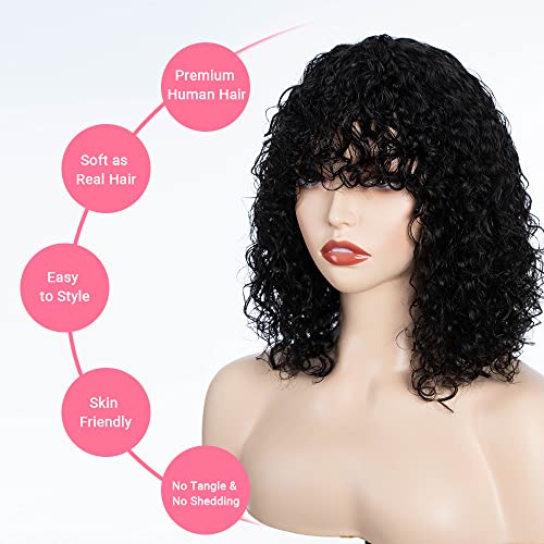 Fashion Idol Short Curly Human-Hair Wigs with Bangs 14 Inch Jerry Curl Bob Brazilian Virgin Human Hair None Lace Front Wigs for Black Women Machine Made Black - Image 4