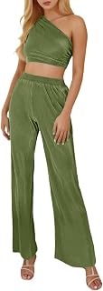 rtdgcv White Jumpsuit Women Elegant 2 Piece Summer Outfit for Women Round Neck Crop Basic Top Cropped Wide Leg Pants Set Jumpsuits Yoga Outfit Women