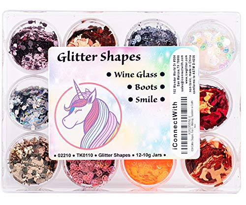 iConnectWith Glitter – Fun Shapes – Wine Glass, Boots, and Smiley Faces Glitter; Multi-use for Crafts, Decorations, Nail Art, Makeup, Tumblers, Resin Art, and DIY Projects