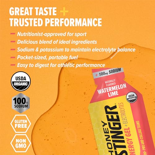 Image of Honey Stinger Organic Watermelon Lime Electrolyte Energy Gel, Gluten Free & Caffeine Free, Sports Nutrition for Exercise, Running & Performance, Pre & Mid Workout, 12 Pack, 13.2 oz | sports-nutrition-endurance-and-energy-chews