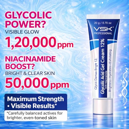 Image of VSK Professionals12% Glycolic Acid Cream Gel for Brightning, Anti-Pigmentation & Melasma Acne, Pimples & Dark Spots | Unclogs Pores, Smooth Skin Care With PDRN SPF50 Sunscreen Combo | 4 Tubes 20g each (80grm)