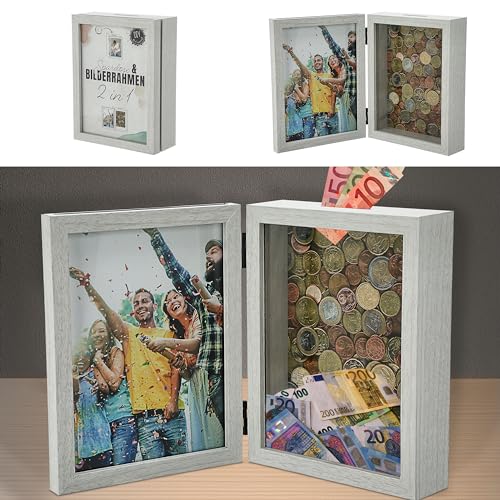 Spardose Bilderrahmen 2 in 1 | weiß MDF 19x14,5x5,5cm | Rahmen mit...
