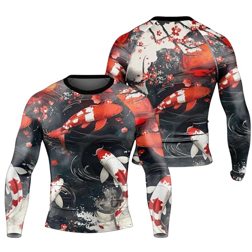 Japanese Koi Fish Men's Long Sleeve Compression Rash Guard, BJJ Workout Shirt, Breathable MMA Training Top