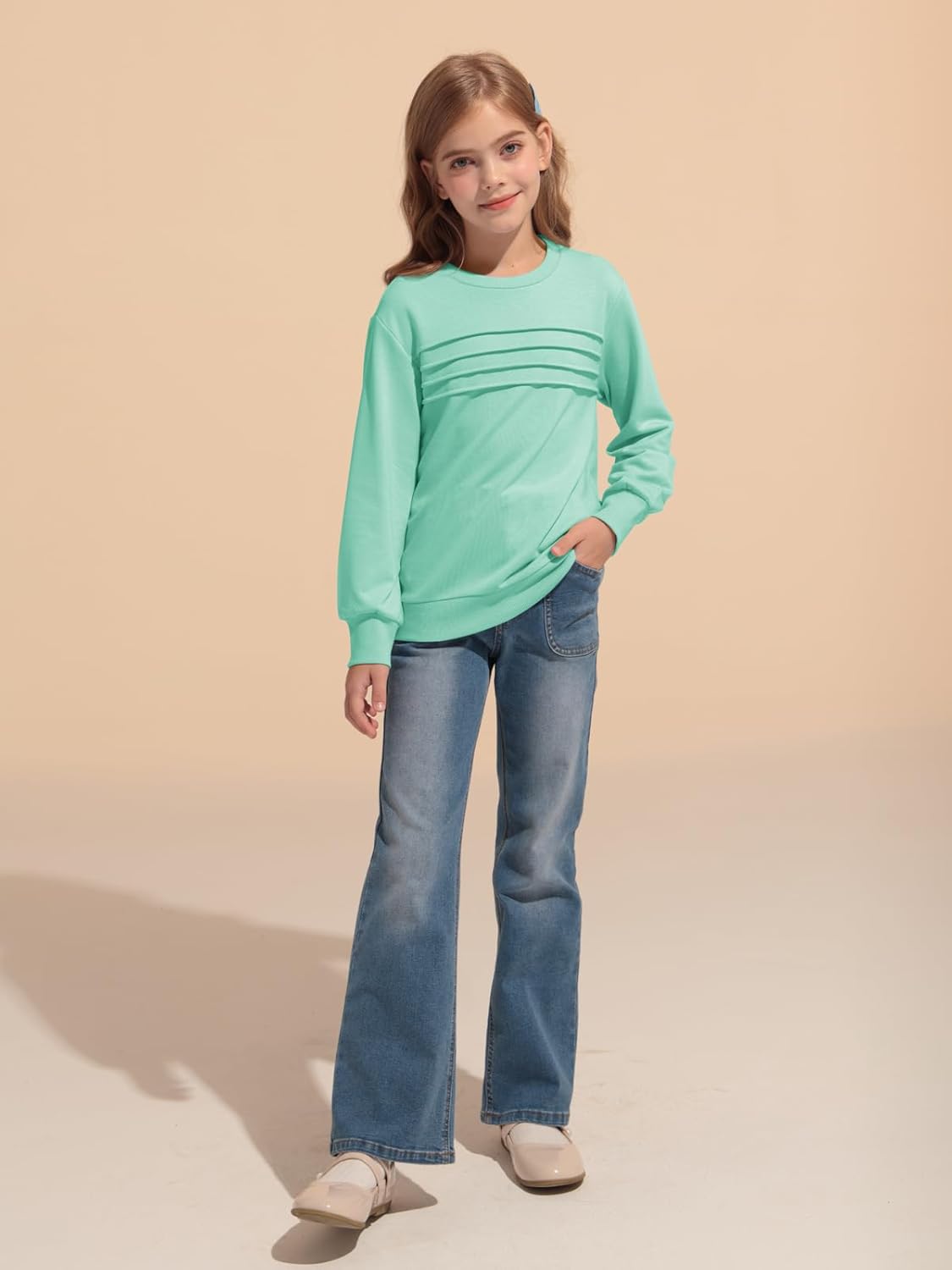 Haloumoning Kids Girls Crewneck Sweatshirt Casual Long Sleeve Pleated Front Casual Fall Pullover Tops 5-14 Years - Image 4