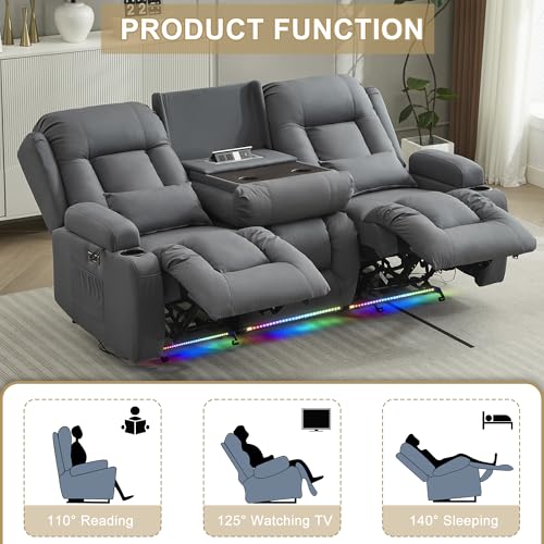 Image of URRED Power Loveseat Recliner Sofa with Massage and Heat, Wall Hugger Reclining Loveseat with Console, RV Couch Home Theater Seating with LED Lights for Living Room (Blue Grey, 76.8 inch - 3 Seats)