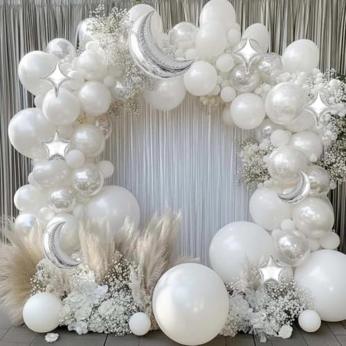 Image of White Balloons Arch Double Stuffed Pearl White Star Moon Balloon Garland Different Sizes Cream Ivory Balloons for Birthday Baptism Bridal Baby Shower Wedding Prom Galaxy Party Decor