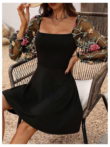 Image of Floerns Women's Floral Mesh Bishop Long Sleeve Square Neck Boho A Line Dresses