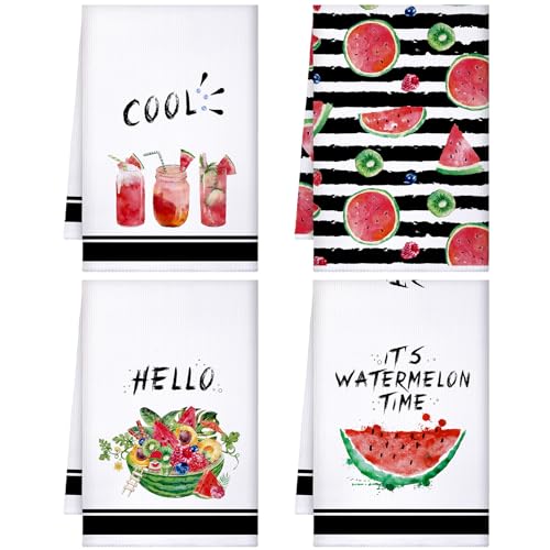 Honoson 4 Pieces Watermelon Kitchen Towels Summer Farmhouse Decorative Dish Towel Watermelon Absorbent Plaid Tea Washcloths for Summer Kitchen Cooking Home Cleaning Decor