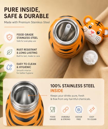 Image of 480ml Stainless Steel Sipper Water Bottle with Straw | Leakproof Animal Sipper Bottle | Reusable Drinking Bottle for School, Travel & Daily Use (Tiger)