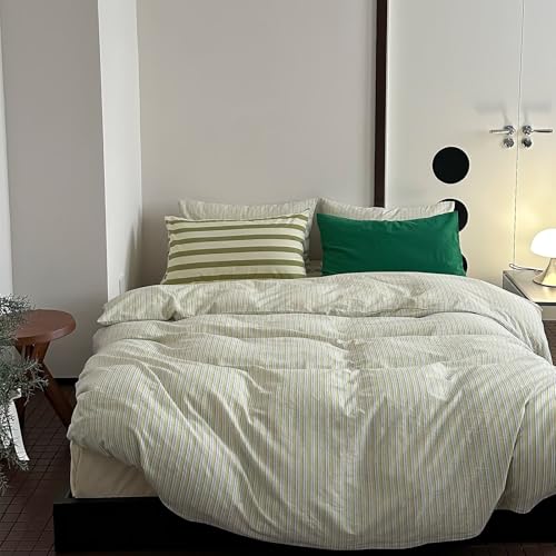 Image of MKXI French Stripe Duvet Cover Set King - 3 Piece Vintage Aesthetic Bedding, 100% Washed Cotton, Yellow & White Vertical Stripes, Zipper Closure & Corner Ties, Modern Farmhouse Style