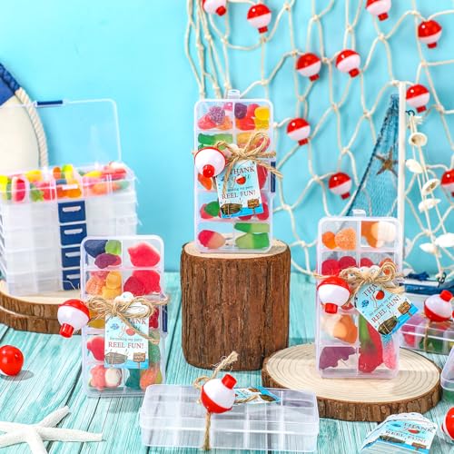 Image of Wonderjune 72 Sets Fishing Party Favors Candy Little Tackle Boxes with Red White Floater Thank You Cards for Making My Reel Fun Fishing Theme Party Decorations