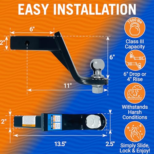 6000 Lbs Carbon Steel Trailer Hitch with 2" Ball, Pin and Cover, 2 Inch Receiver with Towing Starter Kit, Lift or Drop Truck Hitch, Marine Grade Mount, 6 Inch Drop by Better Boat - Image 3