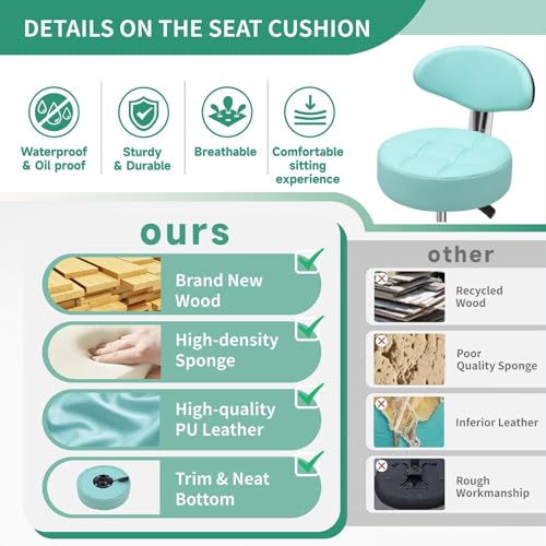 Image of Kaleurrier Rolling Stool with Back Support: Adjustable Height 22-30 inches for Nail Lash Tech Stylist - Heavy Duty Stool Chair with Wheels for Salon Shop Office Kitchen Garage Workshop