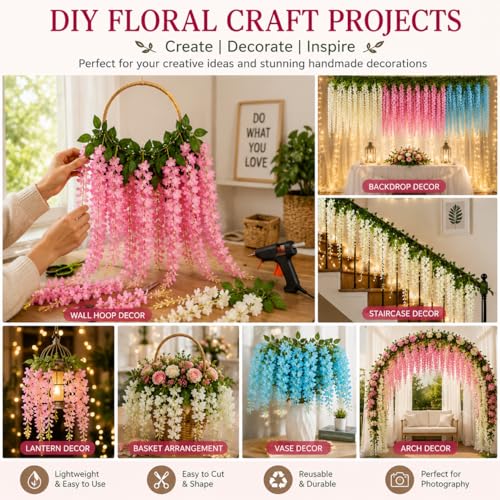 Image of Tia Crafts Polyester Artificial Hanging Flowers For Ceiling Balcony|Wisteria Vine|Home Party Decor Garden Outdoor Greenery Office Wall Decoration|Waterproof Washable-3.7Ft /45 Inch(Mixed,12)
