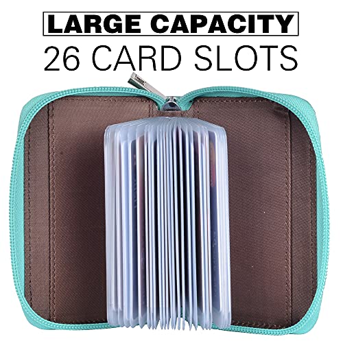 Image of Easyoulife Genuine Leather Credit Card Holder Zipper Wallet With 26 Card Slots, Glitter Teal, Medium, Rfid Wallet