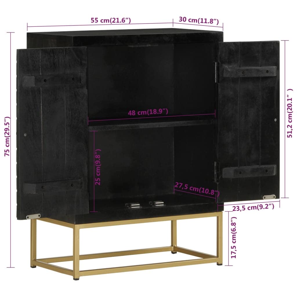Klasyczny kredens z litego drewna mango z 2 drzwiczkami w kolorze czarno-złotym 55 x 30 x 75 cm – solidne miejsce do przechowywania z 2 półkami i dekoracyjną górną płytą do salonu i jadalni