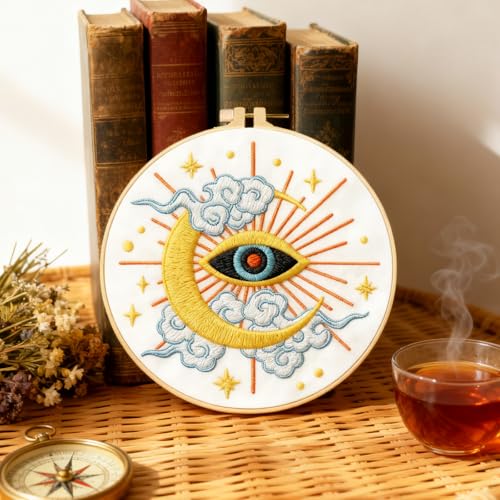Image of BEUNITONE 6Set Tarot Embroidery Kit for Beginners with Dreamy Pre-print Patterns, DIY Craft Kits for Adults Women with Embroidery Hoops and Full Kits, Needlepoint Kits for Home Decor and Gifts 20x20cm
