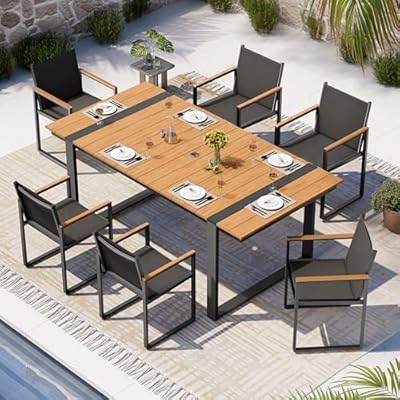 Oasbira Outdoor Dining Set, HDPS + Aluminum Patio Table and Chairs Set with U-Shaped Base, 7 Piece Outdoor Furniture Set with Umbrella Hole, Patio Dining Table Set for Garden, Backyard (Gray-Teak)