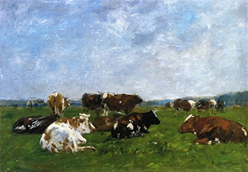 DTAUPREB Pintura al óleo para adultos y niños, diseño de vacas Eugene Boudin en un pasto, pintura por números con pinceles y pigmento acrílico sobre lienzo