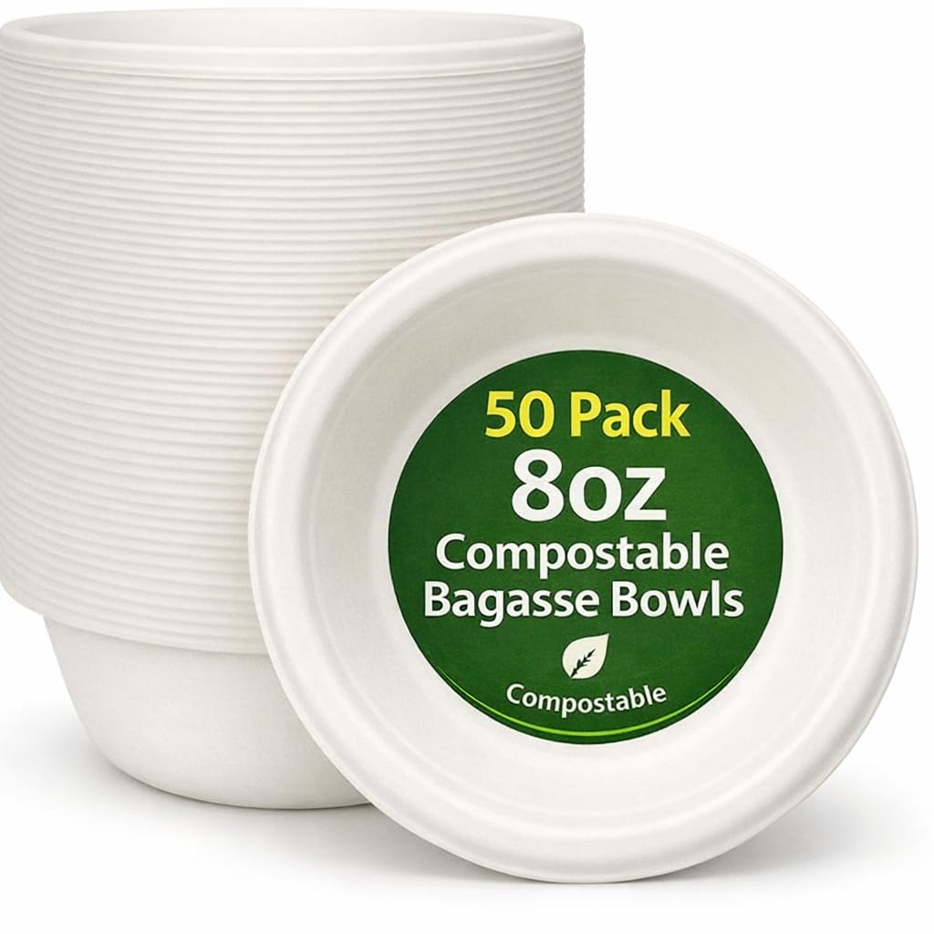 1ABOVE 50 Pack Compostable Paper Bowls – 240ml Small Disposable Bagasse Bowl (8OZ) | Biodegradable Microwavable Strong Party for Soup Salad Cereal Dessert & Snacks