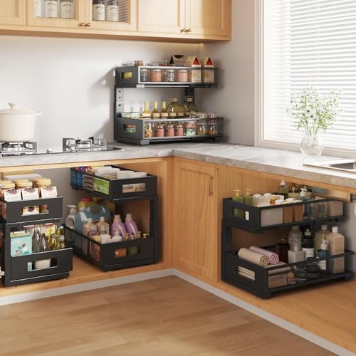 Image of 1 Pack 17IN Depth Under Sink Organizer, 2-Tier Pull Out Cabinet Organizer With Smooth Circular Rail, Large Capacity Metal Mesh Sliding Drawers For Bathroom& Kitchen Storage,Height Adjustable -Black