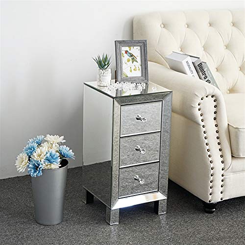 Glamorous - Mesita de noche con espejo con 3 cajones y pomos de cristal, moderna mesita de noche para dormitorios elegantes, muebles elegantes (11.8 x 11.8 x 23.6 pulgadas)