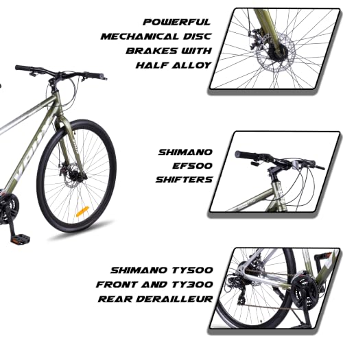 Image of Vaux City-Pro 700C Hybrid Cycle for Men with Gears|21 Speed Shimano Gears| 19 Inch HI-Ten Steel Frame| Dual Disc Brakes| 700x35C Tyres|Double-Wall Alloy Rims (Silver-Green, Multispeed, Rigid Fork)