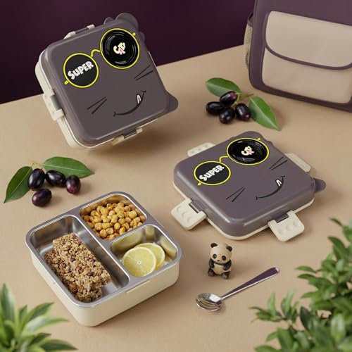 Image of Tiffin Box for School Office College, Insulated Stainless Steel Lunch Box, 3 Section Food Container, Leak Resistant Bento Box with Spoon, Durable Meal Carrier, 1120ml + 70ml (Grey, Super Cat)