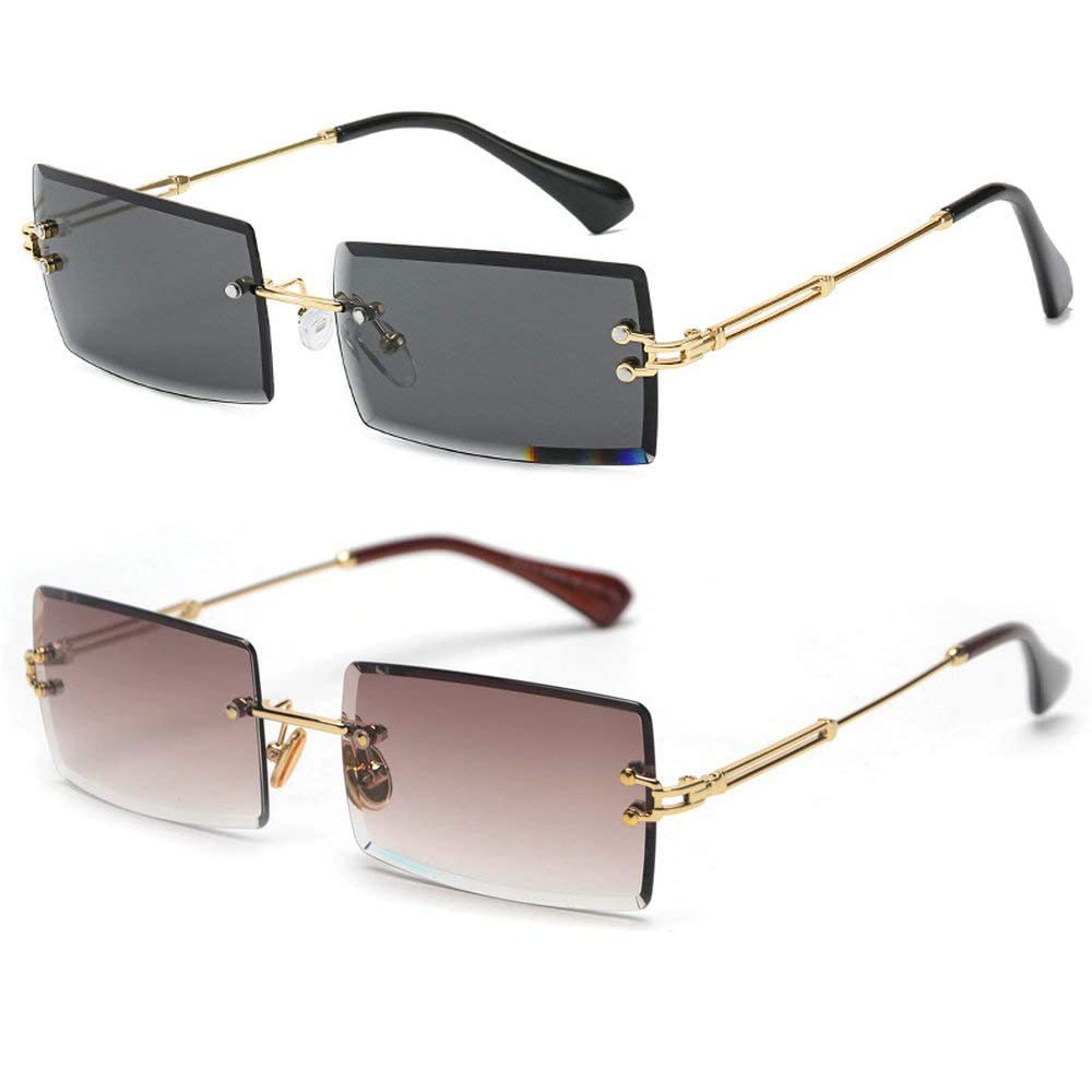 mincl/Fashion Small Rectangle Sunglasses Women Ultralight Candy Color Rimless Ocean Sun Glasses (2pcs-black&brown)