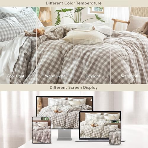 Image of MooMee Gingham Duvet Cover Set 100% Washed Cotton Linen Like Textured Breathable Durable Soft Comfy Modern Checkered Design (Buffalo Plaid Tannish Linen Grey, Palatial King /Oversized King 120 inchx98 inch)