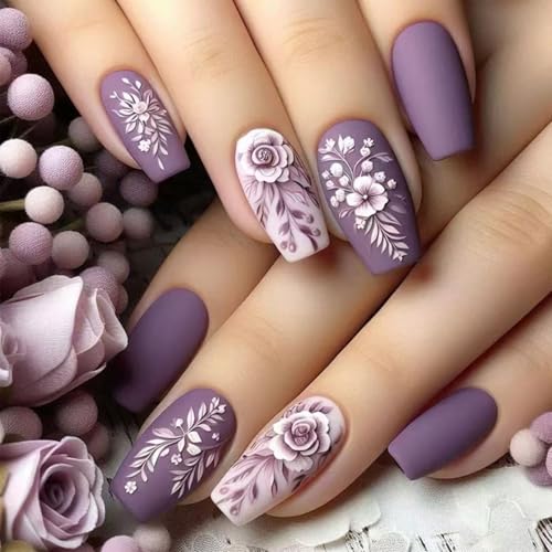 Fall Coffin Fake Nails Medium Press on Nails Purple Acrylic Nails Embossed Flowers Nails Press ons with Designs Winter Press on Nails Matte Stick on Nails for Women Manicure Decorations 24 pcs