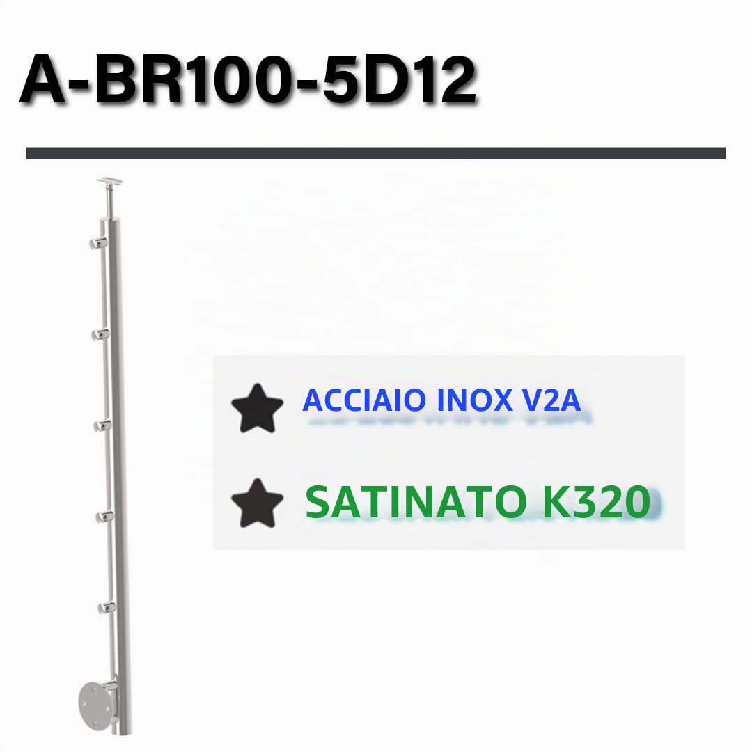 Sellon24 Palo per ringhiera in acciaio inox, diametro 42,4 mm, altezza 1000 mm, con 5 supporti per barra trasversale, diametro 12,0, per ringhiera V2A lucidata K320