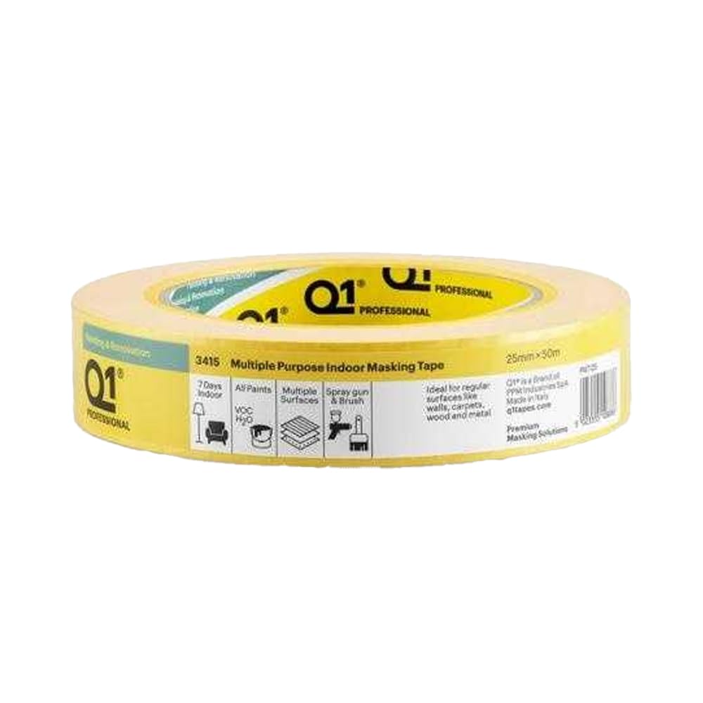 Q1® 3415 Multi-Purpose Premium Masking Tape, Suitable for Painting & Renovation, Automotive, Ideal for Surfaces like Walls, Carpets, Wood, Metal and all Paint Types [Single Roll] (24mm)